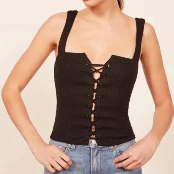 Reformation black ribbed sawyer lace up top size XS - Picture 1 of 7